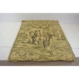 Tapestry Woven Table Runner w/ Dog and Children Scene  Vintage